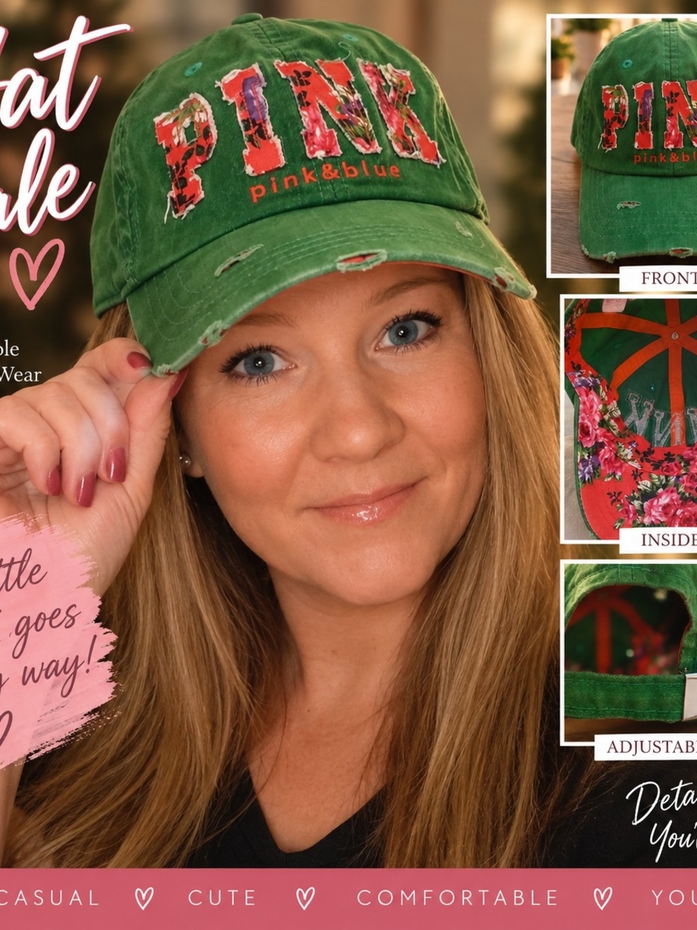 NWOT-Pink & Blue Graphic Distressed Cap in Green & Reddish Pink